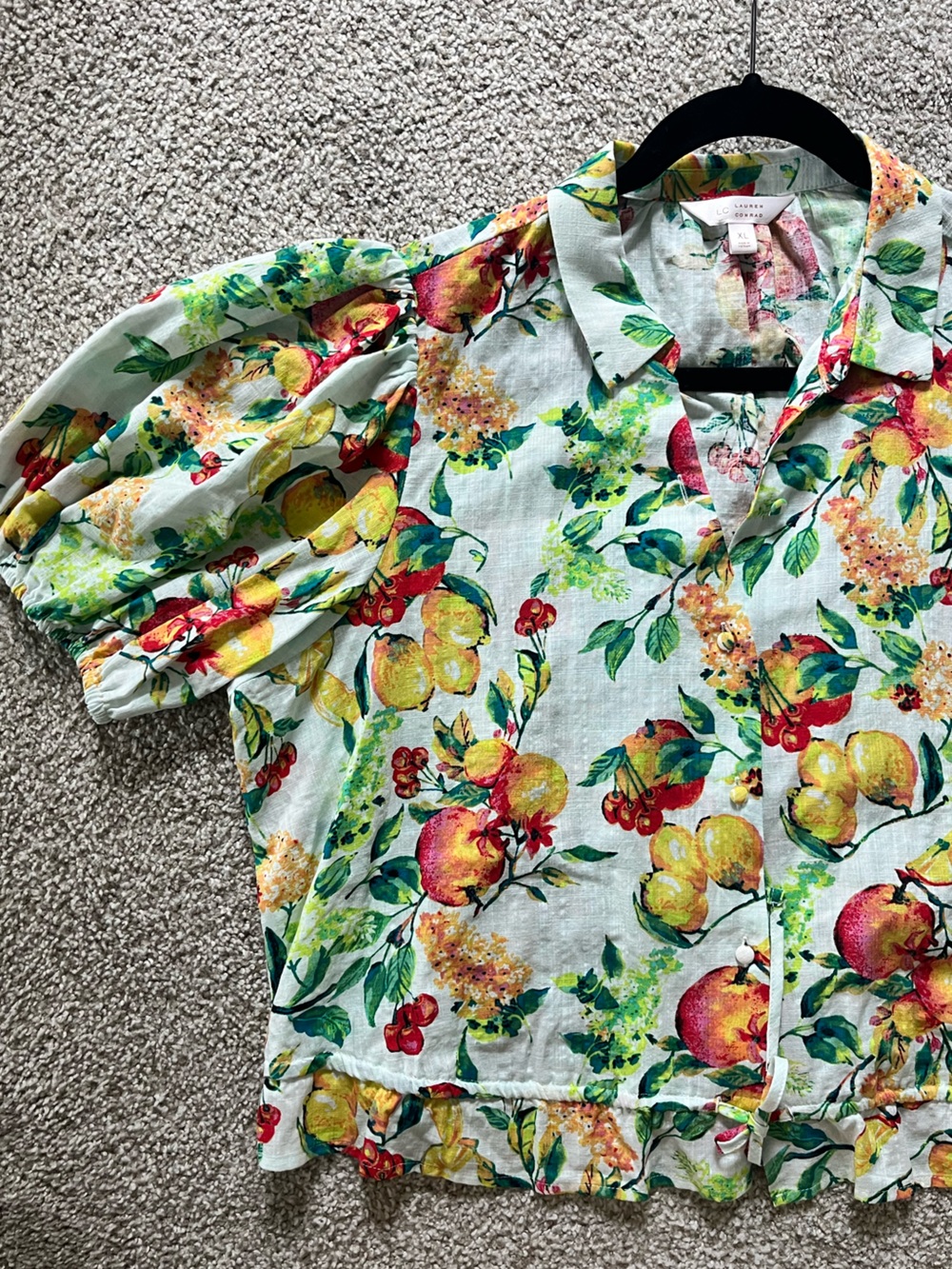 Floral Puff-Sleeve Drawstring Crop Top - Lemon Print - Picture 5 of 7